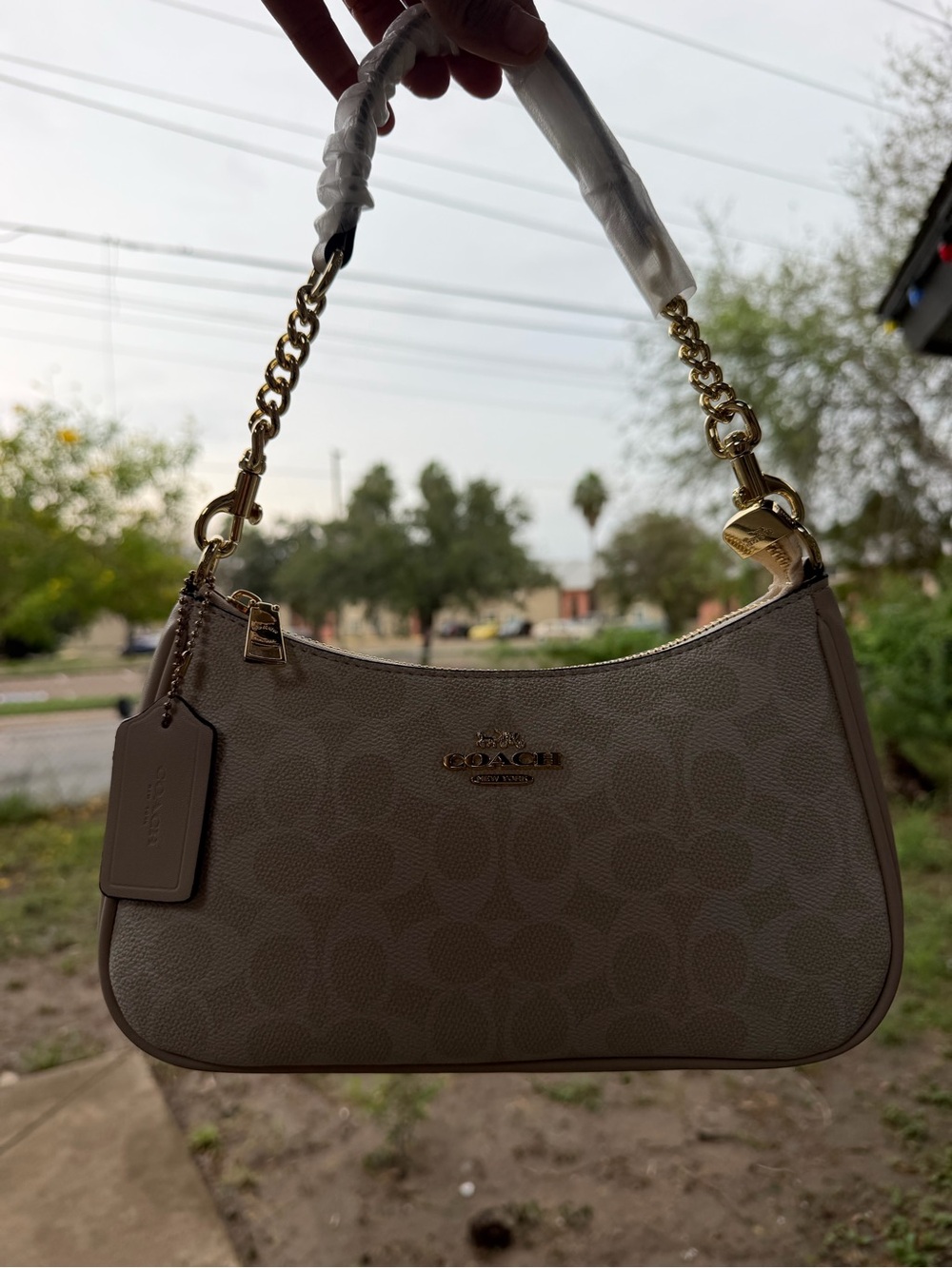 Coach Neutral Signature Canvas Shoulder Bag with Gold Hardware